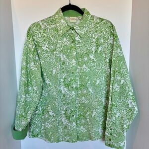 Vintage Western Wear Boho Paisley Green and White Button Down Shirt